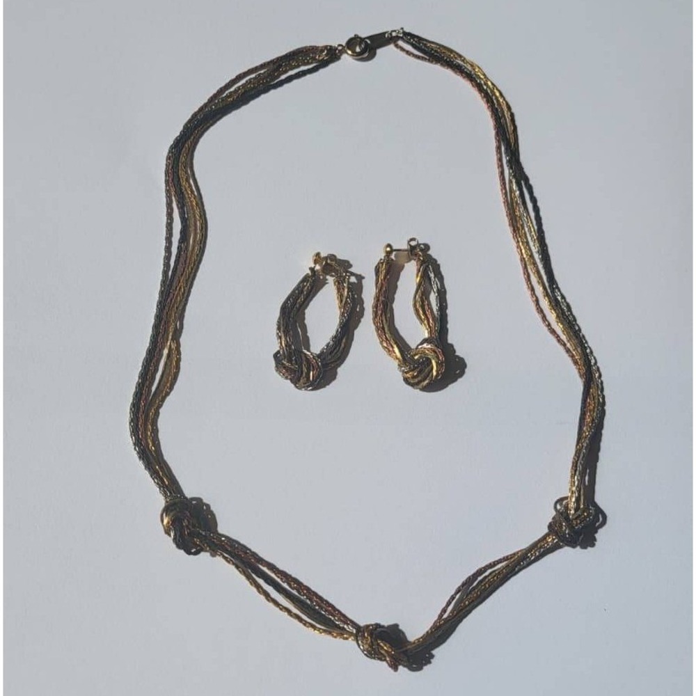 Vintage Tri-tone Multi-strand Knotted Jewelry Set Gold Silver Copper NOS